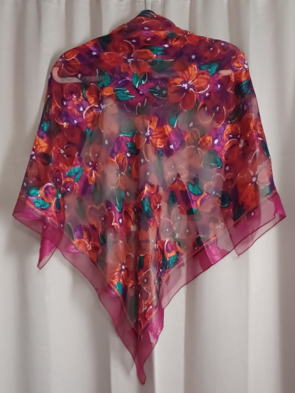 Vintage 80s Korean Chiffon Sheer Floral Square Scarf Purple Orange Appx 34×34